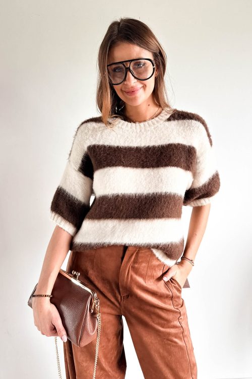 SWETEREK W PASKI NA KRÓTKI RĘKAW czekoladowo ecru - rozmiar S/M/L