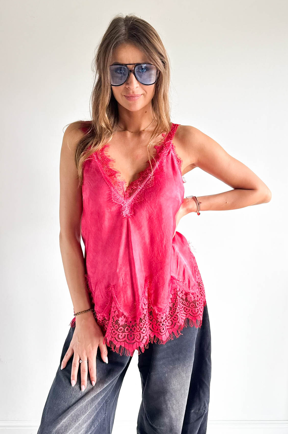 TOP SATYNA - KORONKOWE RAMIĄCZKO malina S/M/L - obrazek 2