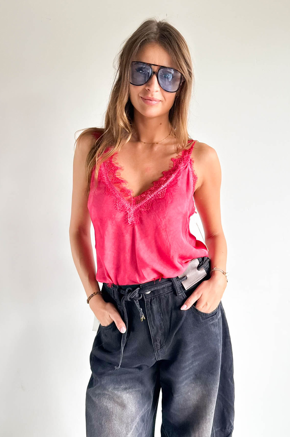 TOP SATYNA - KORONKOWE RAMIĄCZKO malina S/M/L