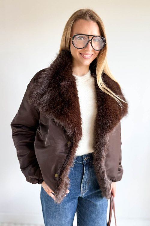 KURTKA Z FUTERKIEM CZEKOLADOWA-rozmiar  S/M/L