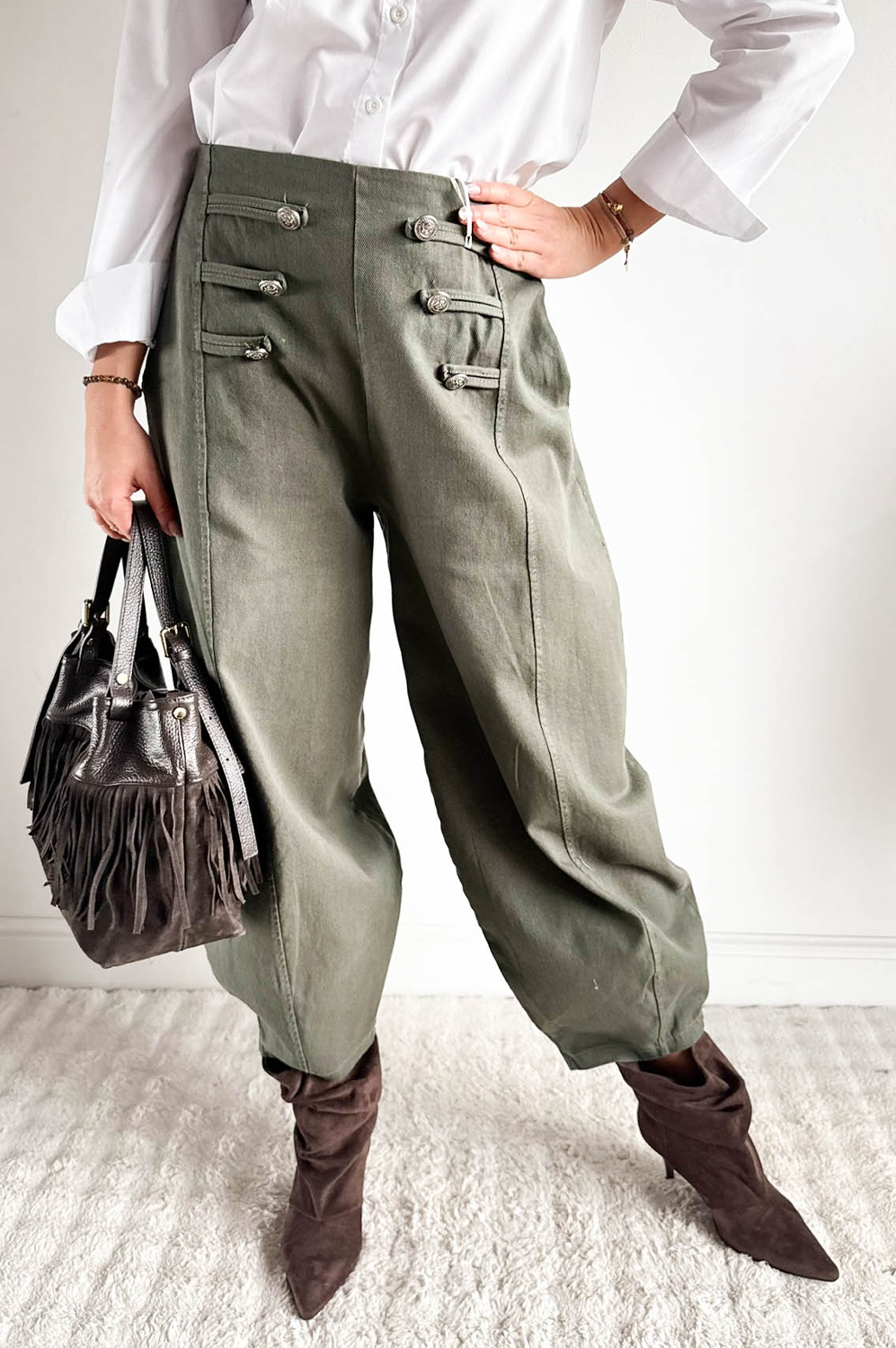SPODNIE CARGO Z GUZIKAMI khaki - rozmiar L/XL