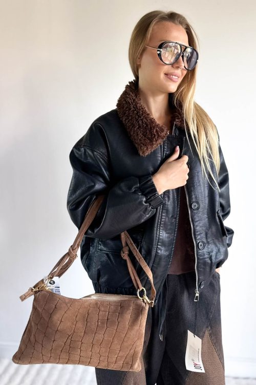 KURTKA EKOSKÓRA-FUTERKO KARAKUŁ BRĄZOWY JOY-rozmiar oversize M/L